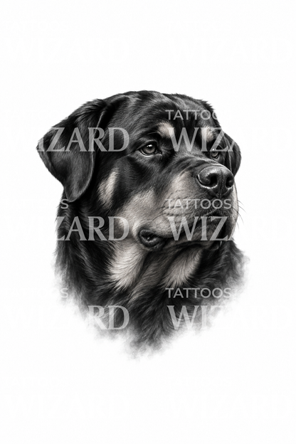 Fekete-szürke rottweilerfej-portré tetoválásdesign