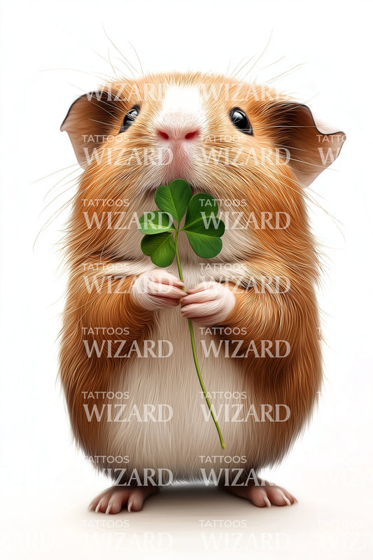 Round Hamster Holding Clover Tattoo Idea