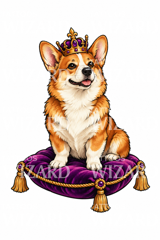 Corgi Kerajaan dengan Mahkota di Atas Bantal Beludru