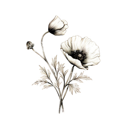 Black and Grey Poppy Flower Tattoo Design