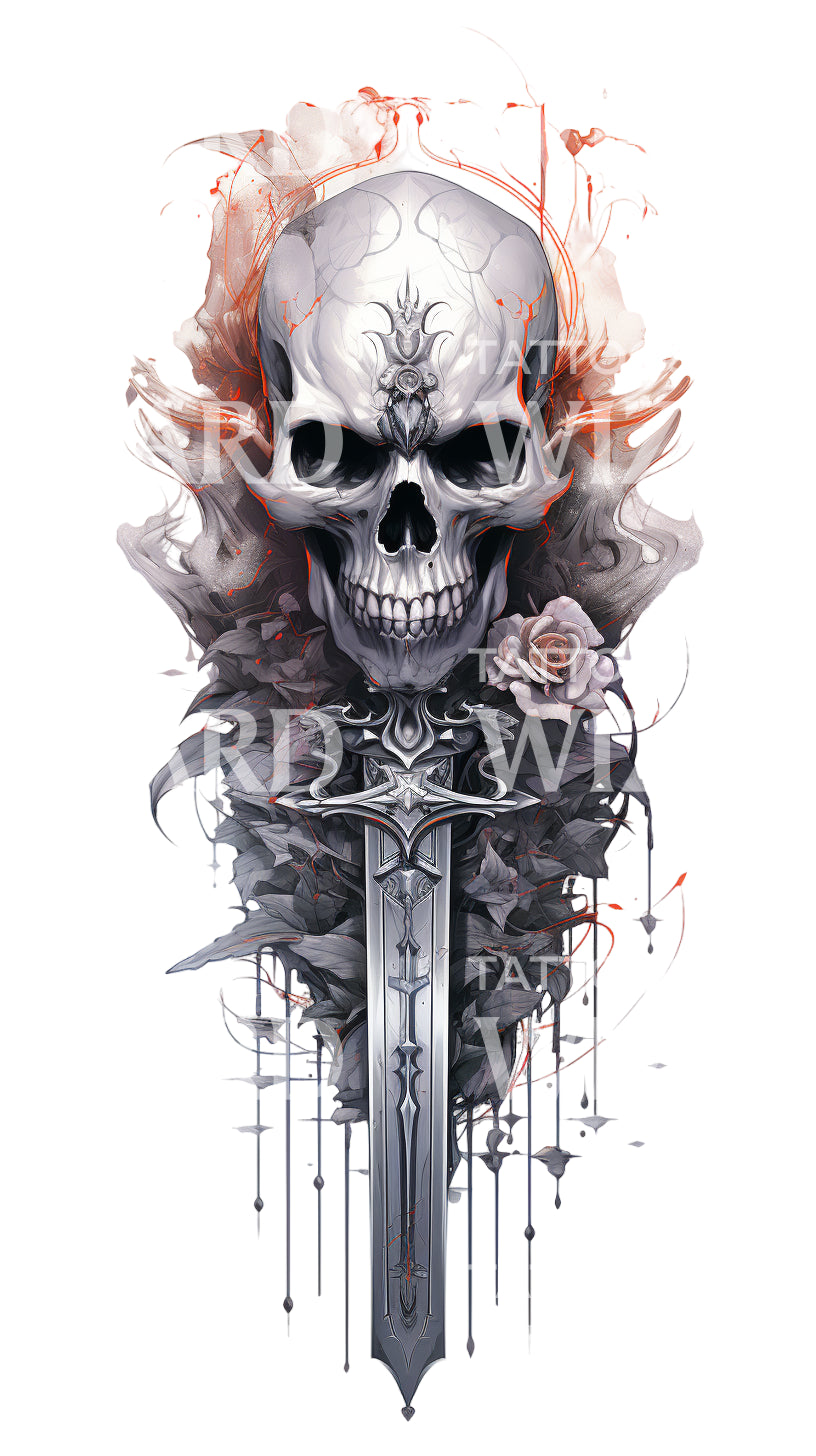 Half Sleeve Skull Dagger and Roses Tattoo Design