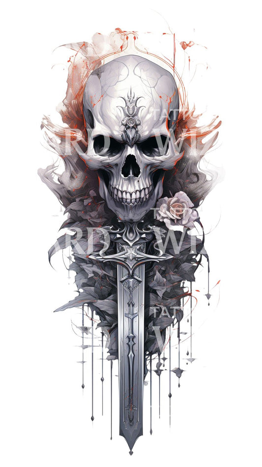 Half Sleeve Skull Dagger and Roses Tattoo Design