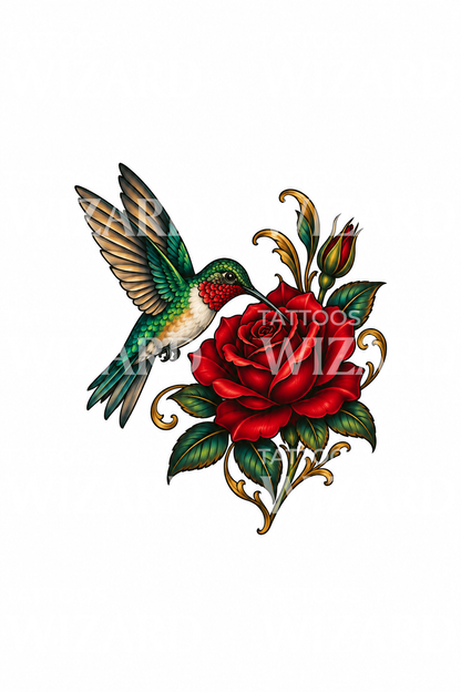 Rubinkehlkolibri und rote Rose als Tattoo-Design
