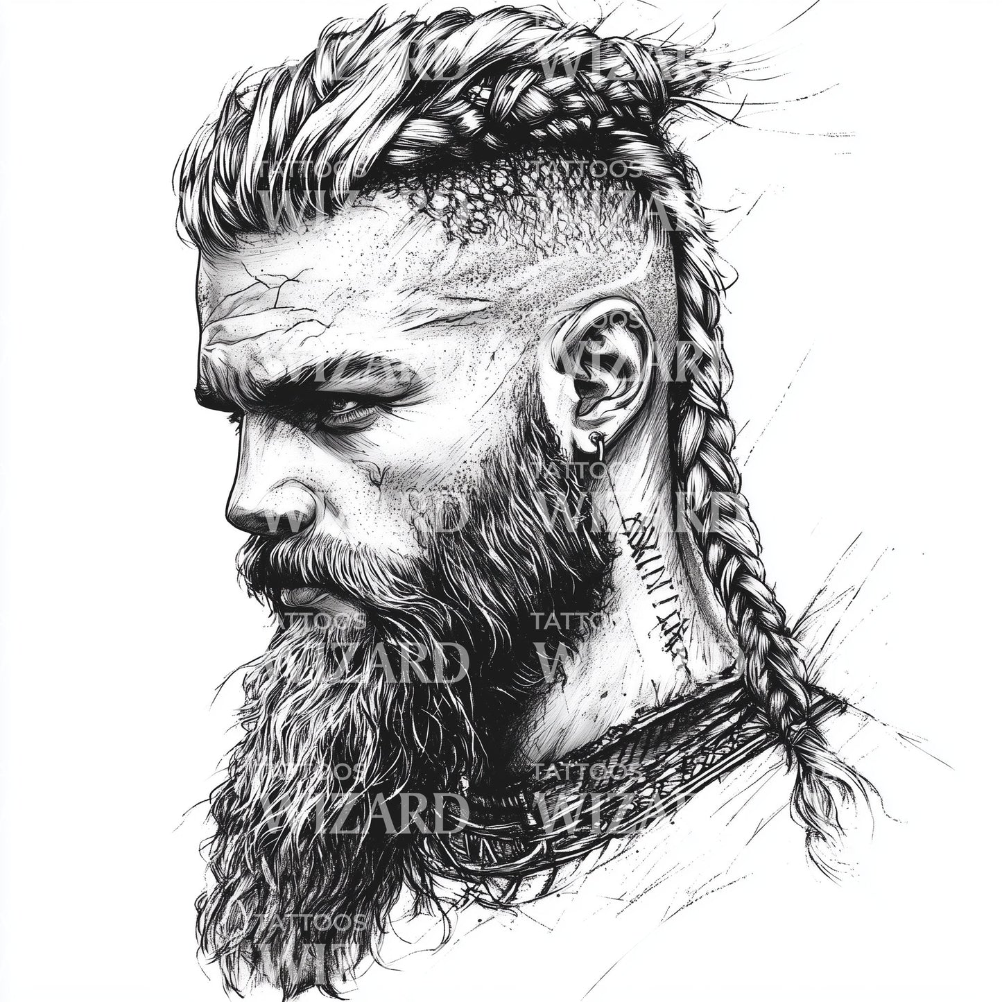 Rugged Viking Man with Braided Mohawk Tattoo Idea