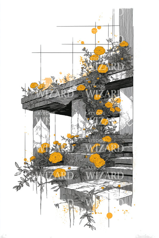破败阳台花朵纹身设计