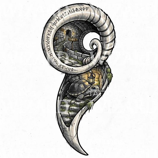 Diseño de tatuaje tortuga rúnica en espiral