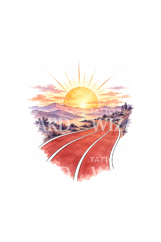 Aquarel tattoo-ontwerp van een atletiekbaan naar zonsopkomst