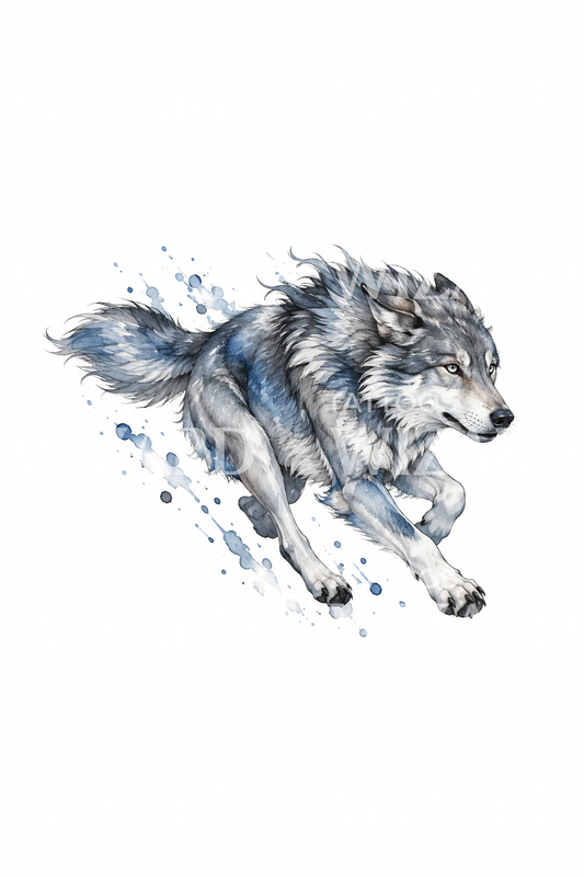 Laufender Wolf in blaugrauer Aquarelloptik