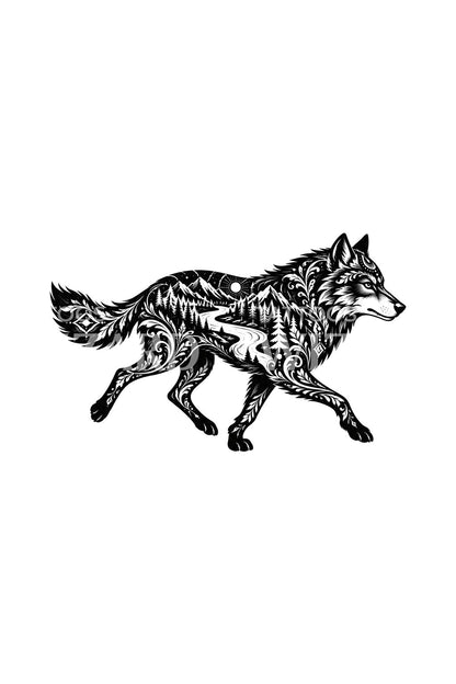Running Wolf with River Through Its Body Tattoo Design