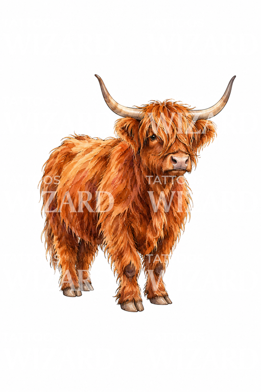 Rust Highland Cow Watercolor Tattoo