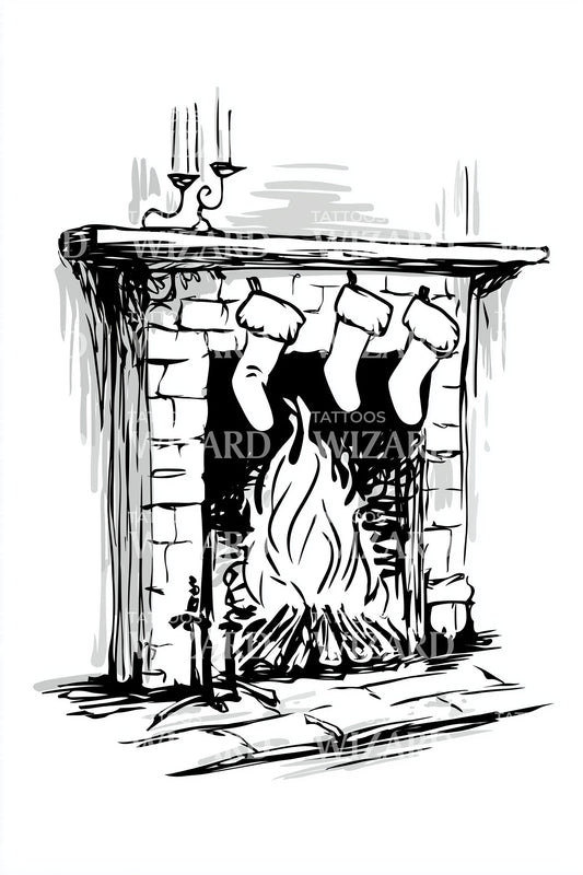 Rustic Christmas Hearth Tattoo Design