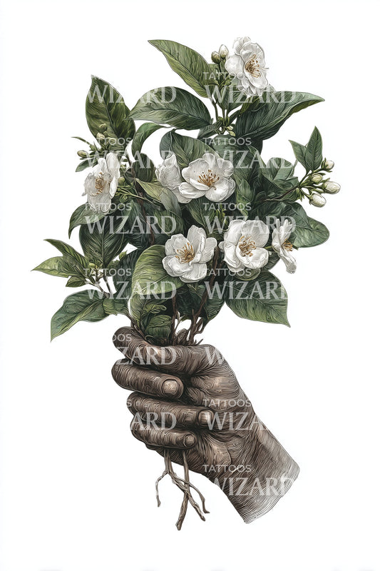 Rustic Hand Bouquet Tattoo Illustration