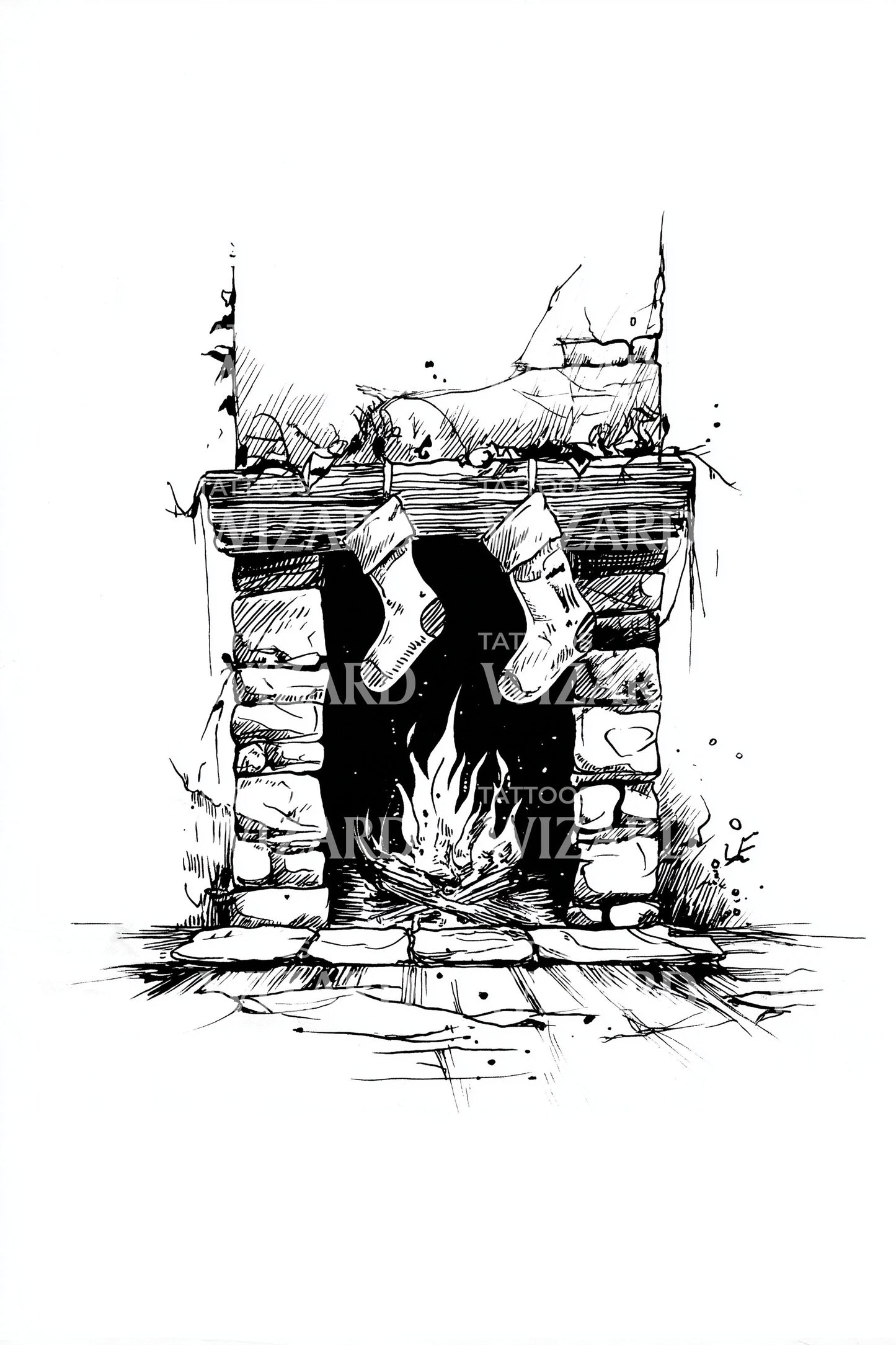 Rustic Stone Fireplace Tattoo Illustration