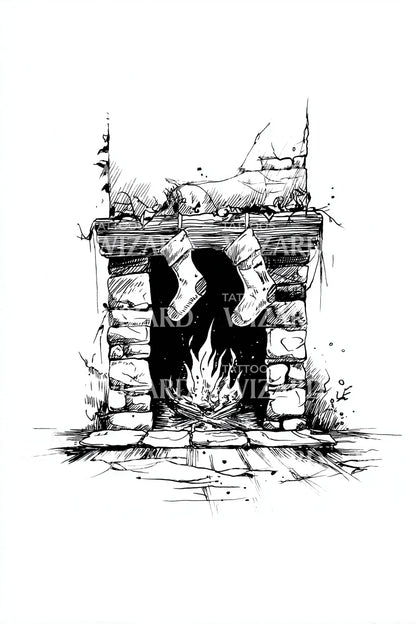 Rustic Stone Fireplace Tattoo Illustration