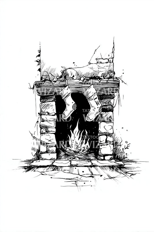 Rustic Stone Fireplace Tattoo Illustration