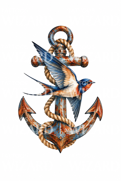 Tatouage d'une ancre rouillée avec corde et hirondelle