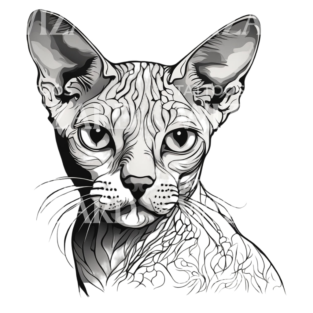 Devon Rex Cat Head with Patterns Tattoo Design