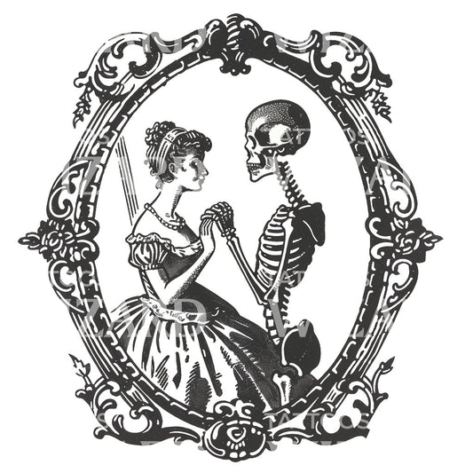 Couple Woman and Skeleton in Mirror Tattoo Design