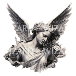 Black and Grey Angel Statue Tattoo Design – Tattoos Wizard Designs