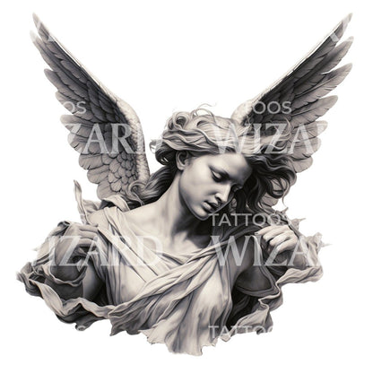 Black and Grey Angel Statue Tattoo Design