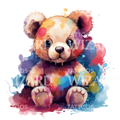 Cute Watercolor Colorful Teddy Bear Tattoo Design
