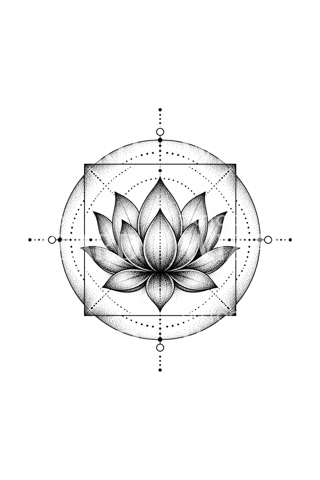 Tato lotus dotwork dengan lingkaran dan persegi geometri sakral