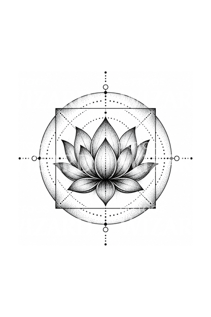 Tato lotus dotwork dengan lingkaran dan persegi geometri sakral