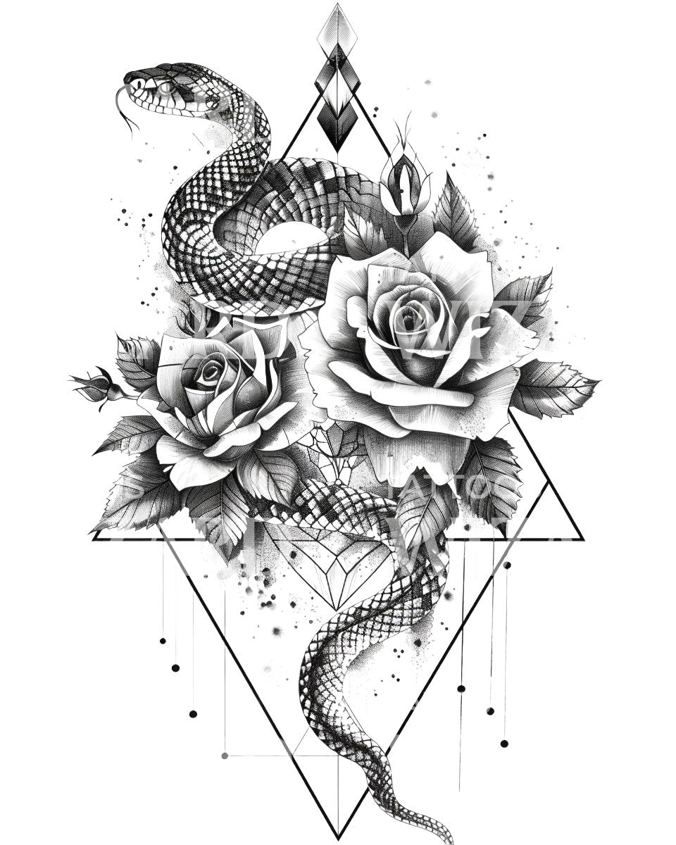 Sacred Geometry Snake and Roses Tattoo Design – Tattoos Wizard Designs