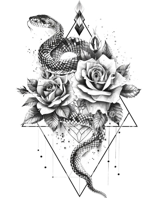 Sacred Geometry Snake and Roses Tattoo Design