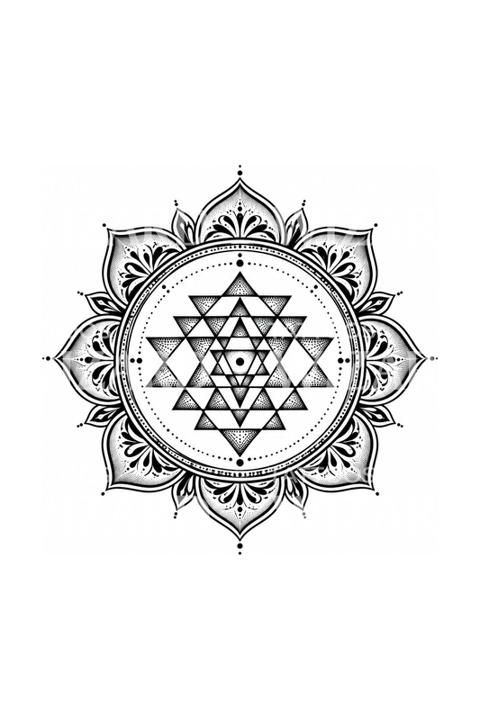 Yantra de geometria sagrada com anel de lótus, tatuagem blackwork