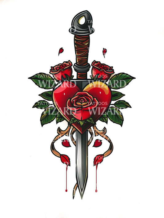 Sacred Heart with Red Roses and Dagger