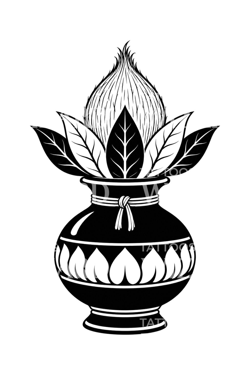 Design de tatuagem de pote kalash sagrado com folhas de manga