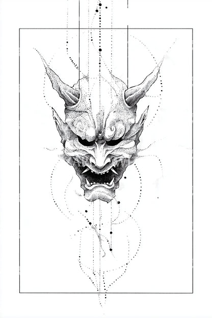 Ilustración de tatuaje Oni de líneas sagradas