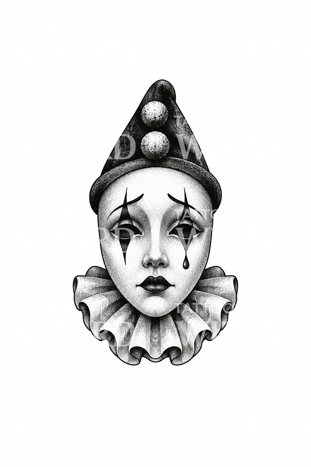 Trist Pierrot-klovnmaske med tåre, dotwork-tatovering