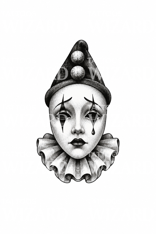 Trist Pierrot-klovnmaske med tåre, dotwork-tatovering