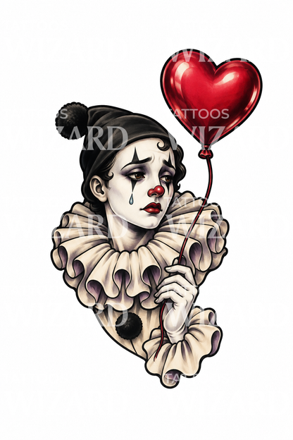 Sorgsen Pierrotclown med hjärtballong, tatueringsdesign