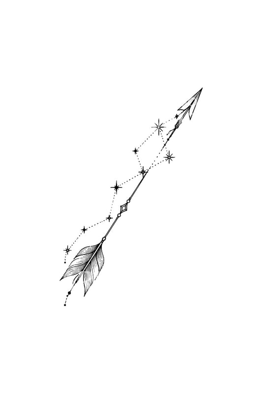 星々を貫く射手座の矢の細線タトゥーアイデア