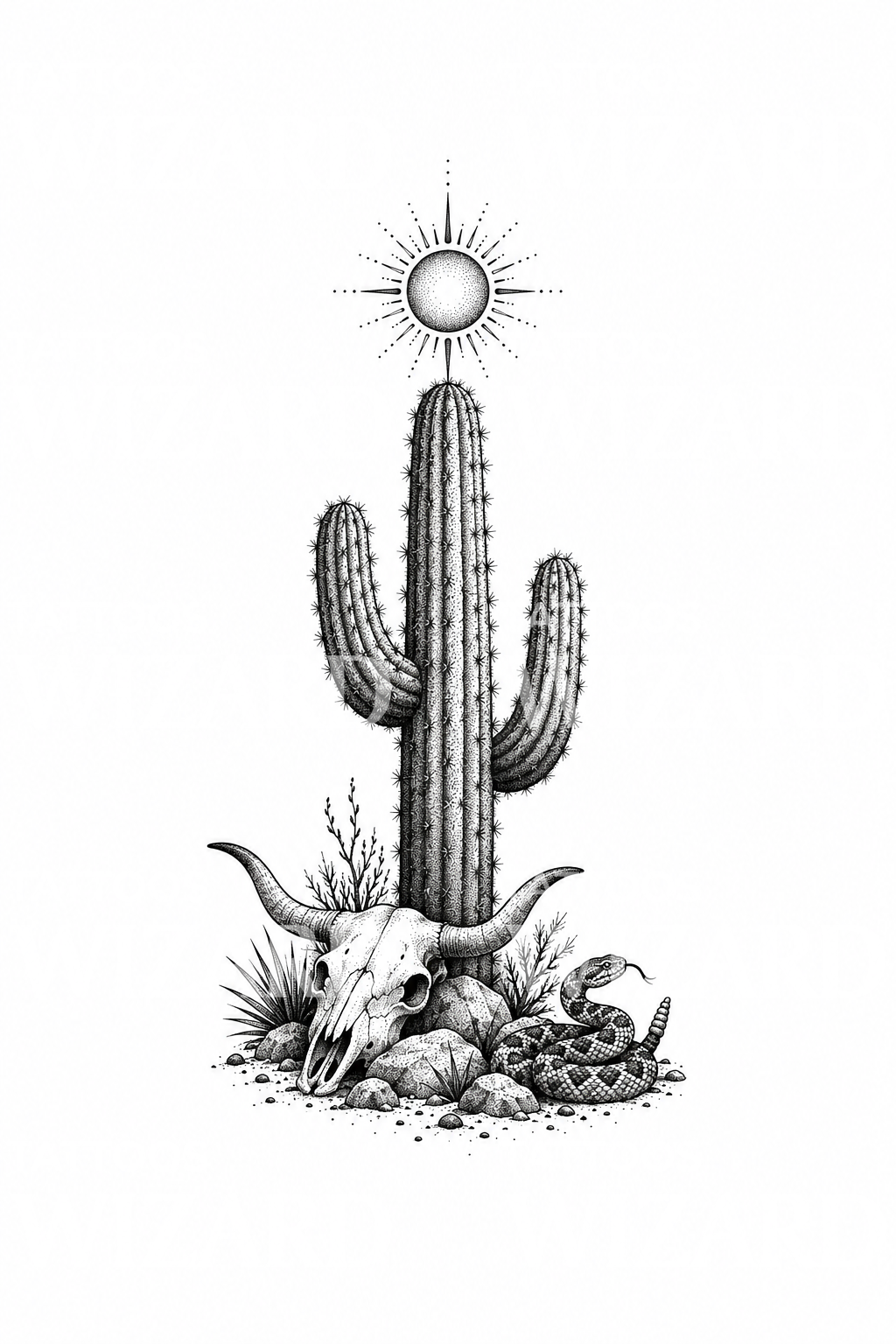 Tatuaż dotwork z kaktusem saguaro i czaszką byka