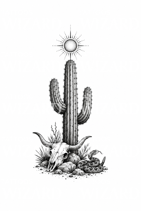 Dotwork saguaro- és marhakoponya-tetoválás