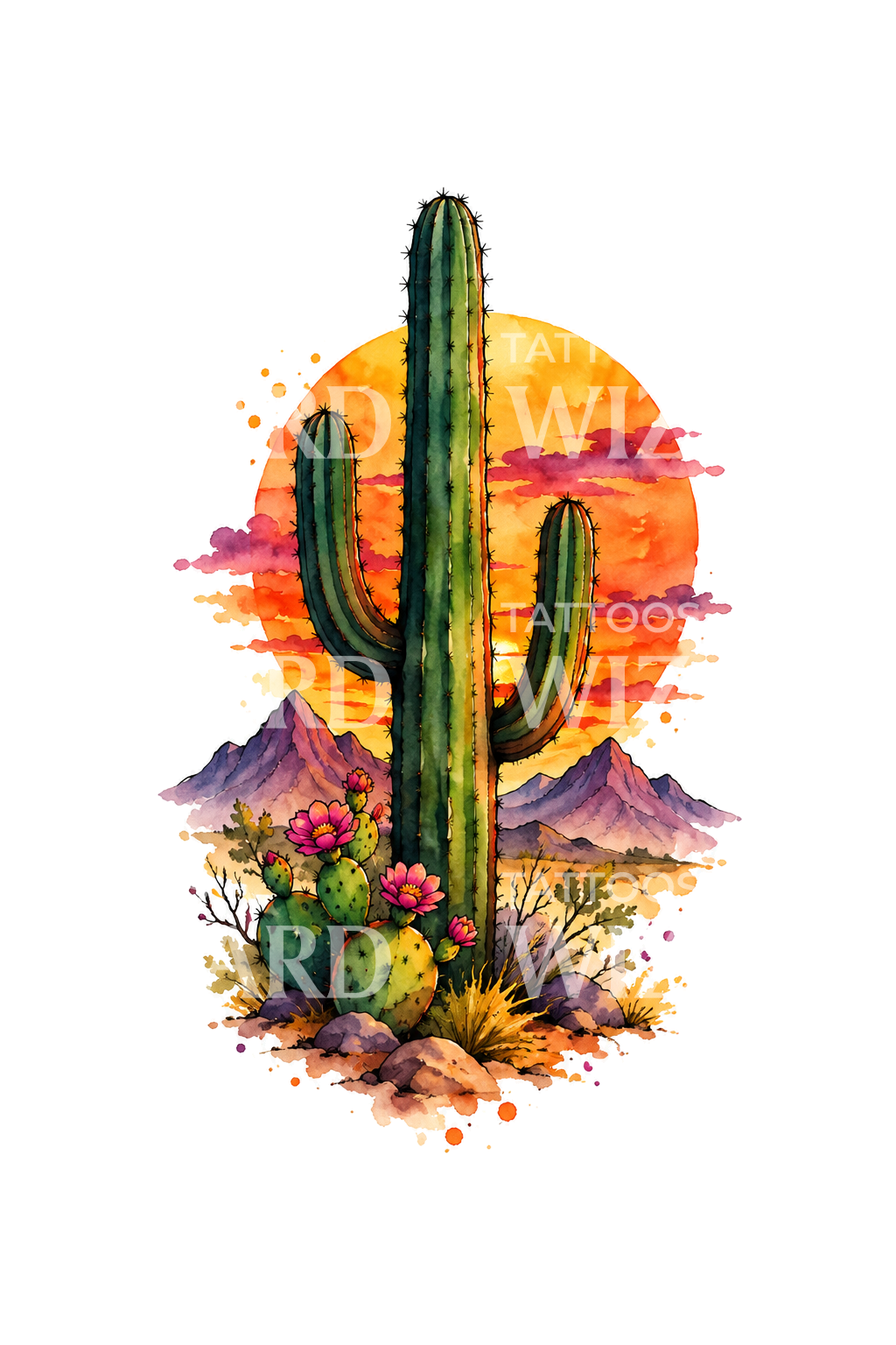 Akvarelový kaktus saguaro při pouštním západu slunce