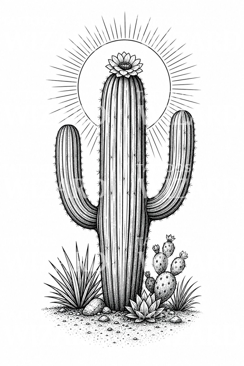 Saguaro Cactus at Dusk Tattoo Design