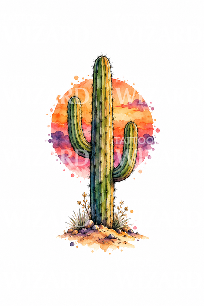 Western-tatovering med saguaro og solnedgang
