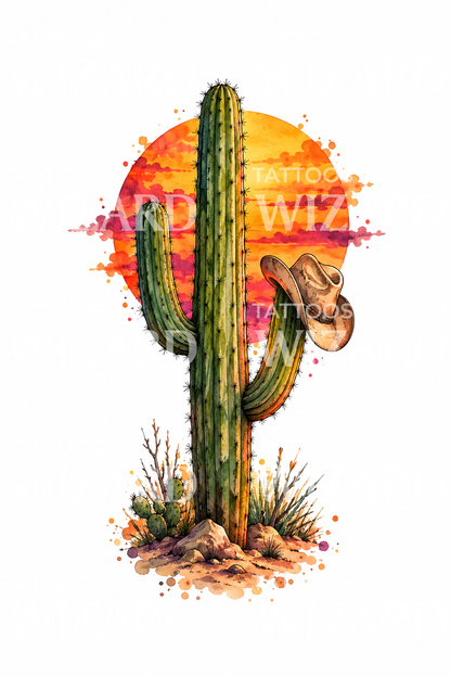 Tatuaggio acquerello di cactus saguaro con cappello da cowboy al tramonto