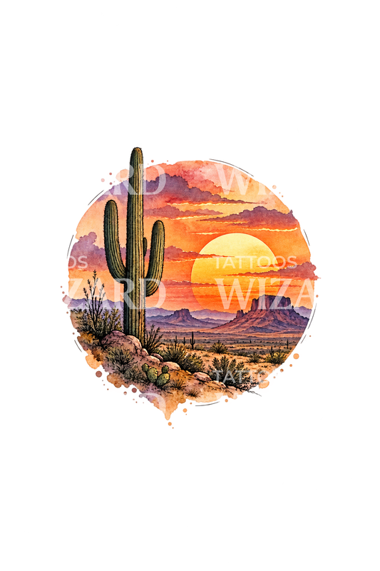 Aquarell-Tattoo-Design mit Saguaro und Wüstensonnenuntergang