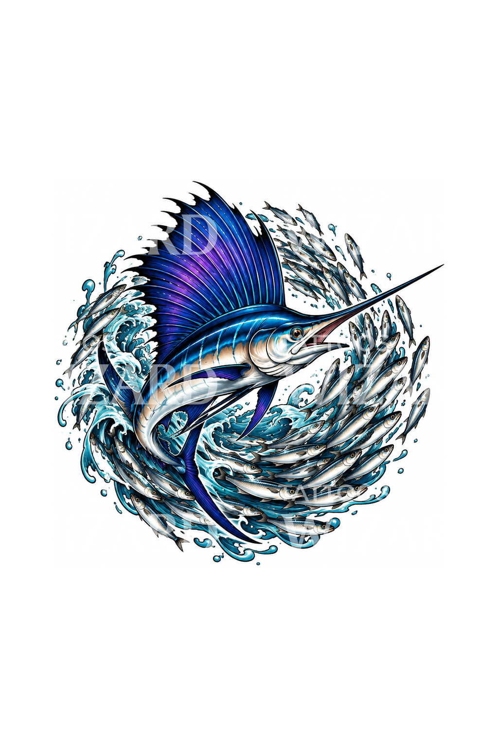 Design di tatuaggio di un pesce vela che caccia sardine in vortice