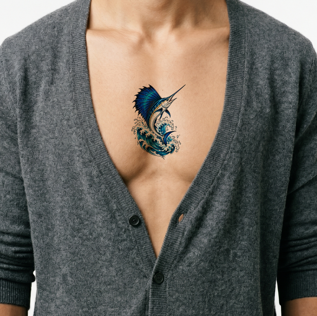 Sailfish Leaping from Wave Neo Traditional Tattoo Design