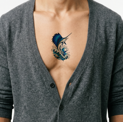 Sailfish Leaping from Wave Neo Traditional Tattoo Design