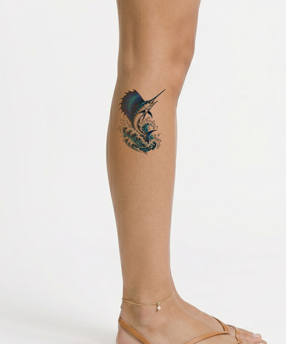 Sailfish Leaping from Wave Neo Traditional Tattoo Design