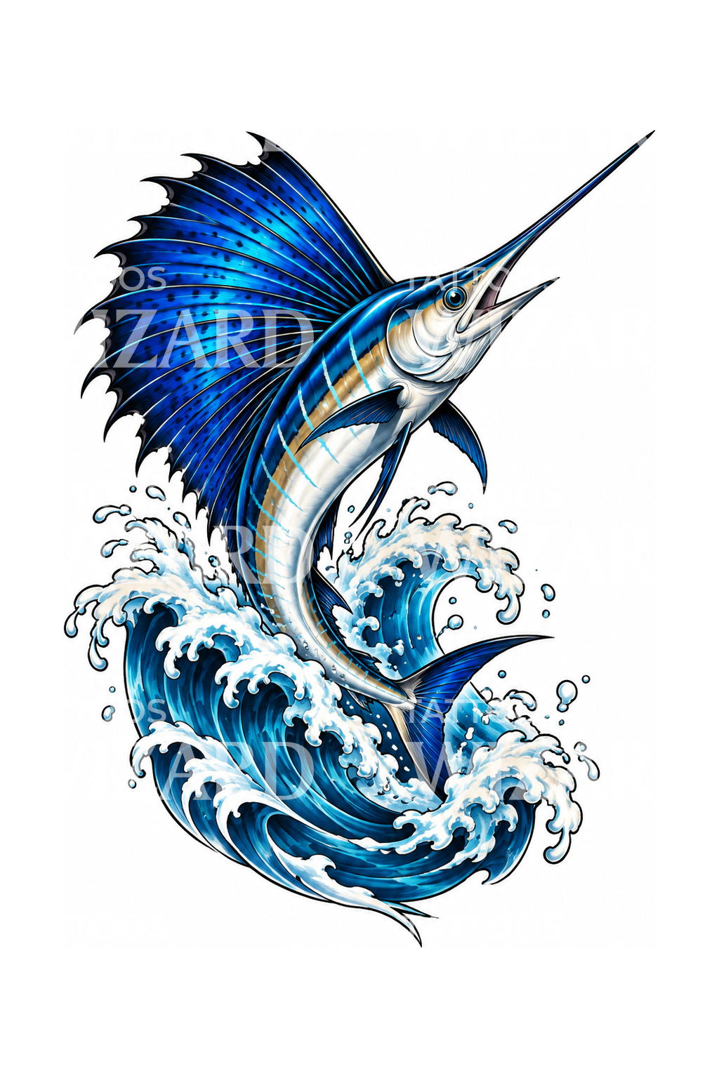 Sailfish Leaping from Wave Neo Traditional Tattoo Design