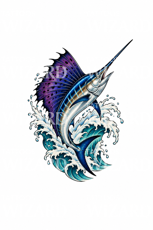 Sailfish Leaping Over Wave Tattoo Design